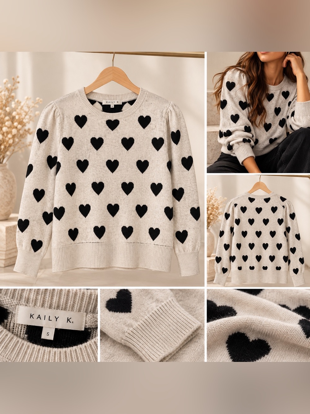 Kaily K. Women's Cream Heart-Print Sweater
